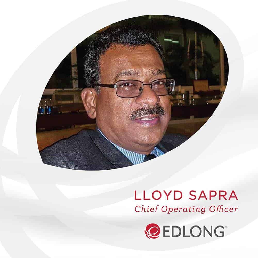 Man with glasses in a grey circle with "LLOYD SAPRA Chief Operating Office written under and the Edlong logo in the bottom right corner
