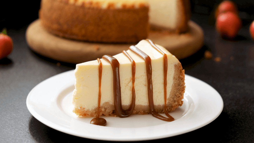 caramel flavor drizzled over cheesecake