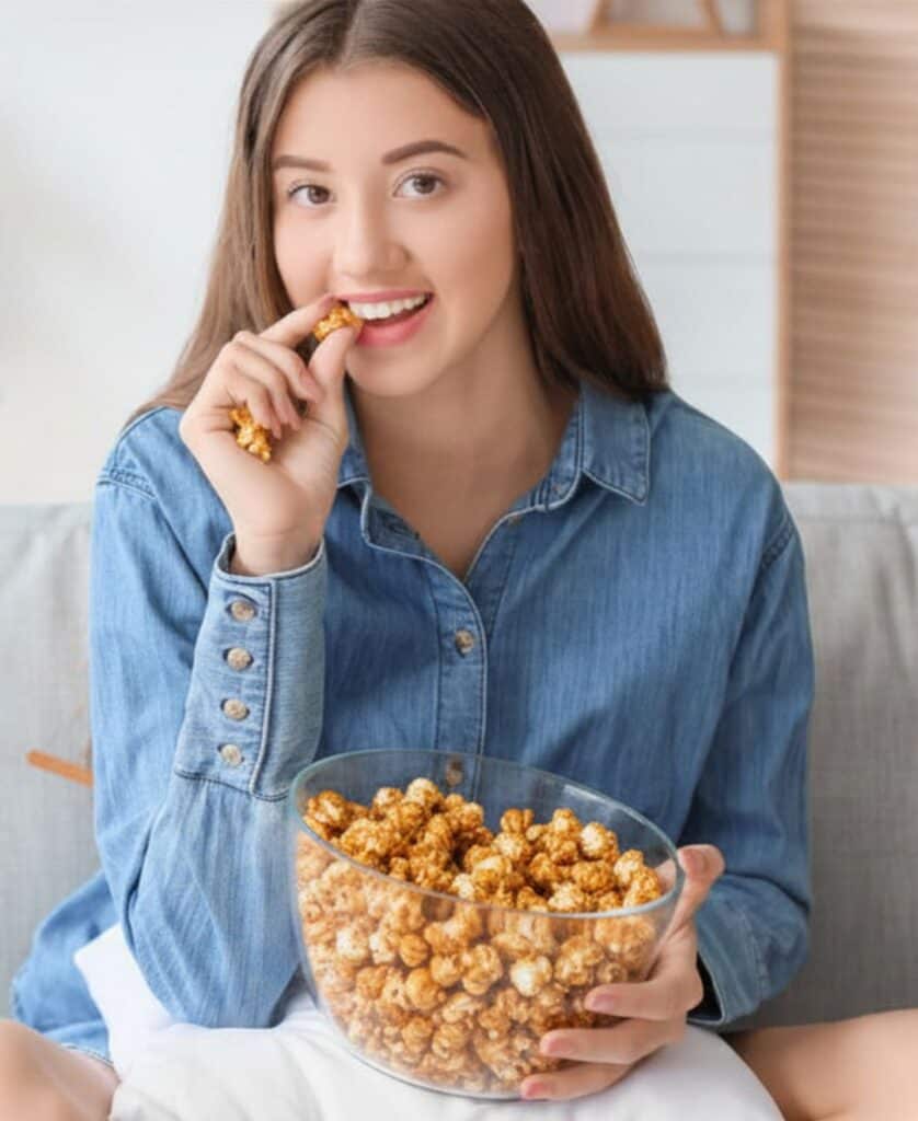 girl eating caramel popcorn from the functional sweet brown recipe book
