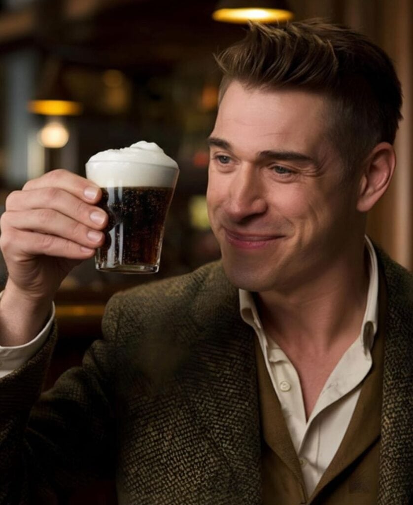 Man enjoying a dark beer with foam in a cozy pub setting.
